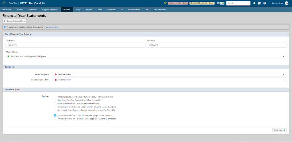 Financial year statements screenshot